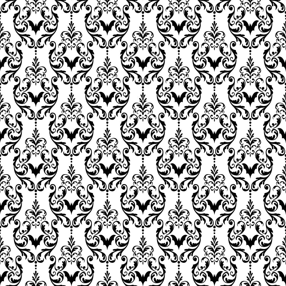 black and white, damask pattern, ornate scrollwork, baroque design, gothic elegance, floral motifs, symmetrical design, decorative swirls, vintage ornamental, intricate details, repeating pattern,, fabric panel, halloween theme, sophisticated pattern, monochrome design, elaborate flourishes, formal decoration