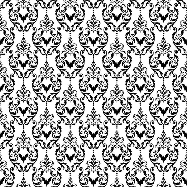 black and white, damask pattern, ornate scrollwork, baroque design, gothic elegance, floral motifs, symmetrical design, decorative swirls, vintage ornamental, intricate details, repeating pattern,, fabric panel, halloween theme, sophisticated pattern, monochrome design, elaborate flourishes, formal decoration
