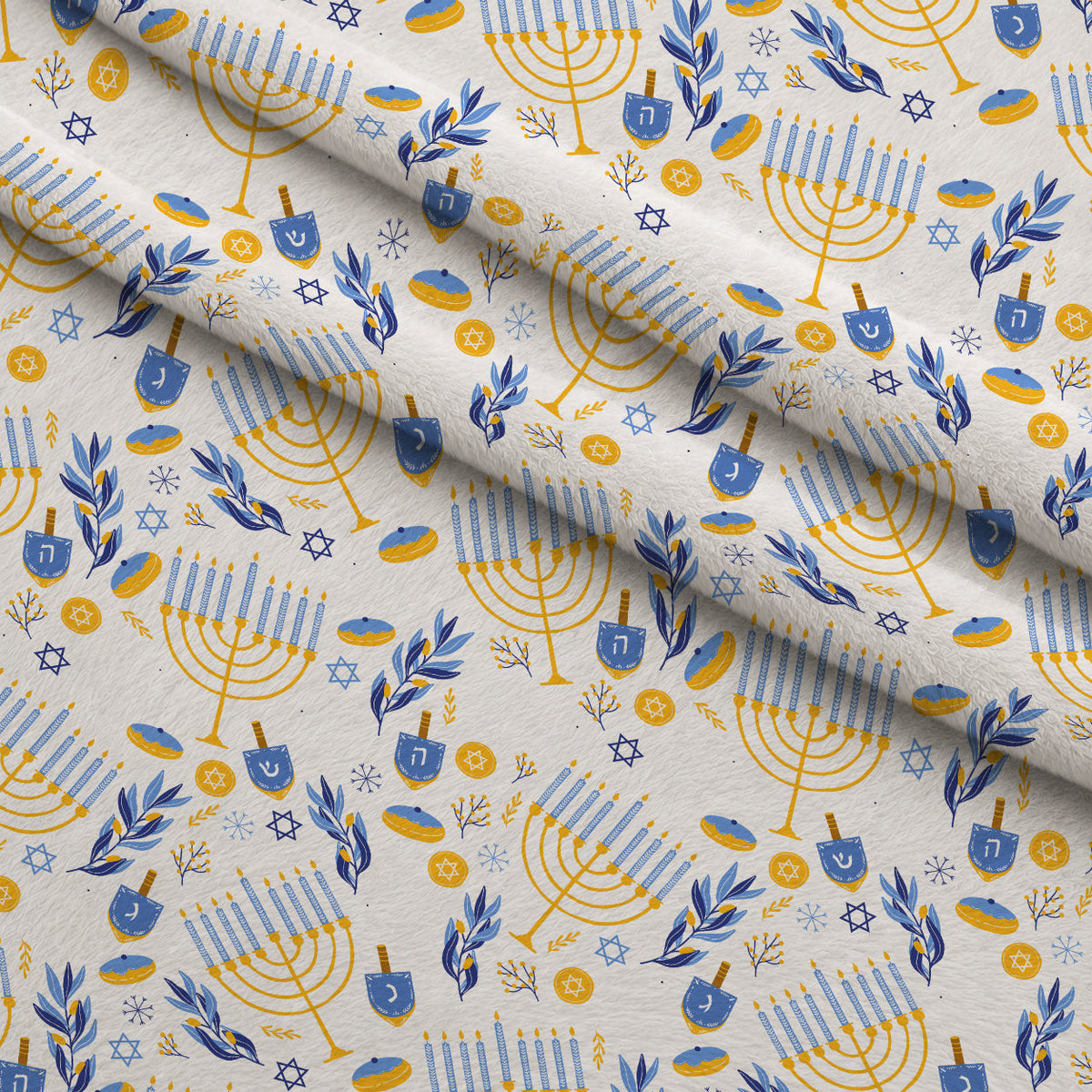 Hanukkah Gifts Pattern 2 White Fleece Fabric — fleece fabric folded close-up preview (mv-fleece-v1:lying)