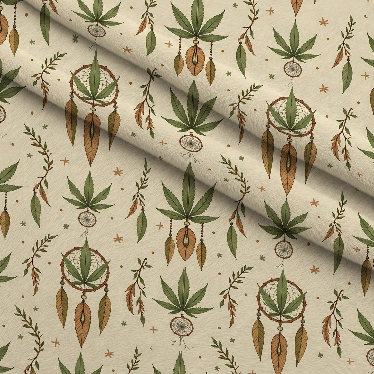 Hemp Dreamcatcher Pattern 6 Fleece Fabric — fleece fabric folded close-up preview (mv-fleece-v1:lying)