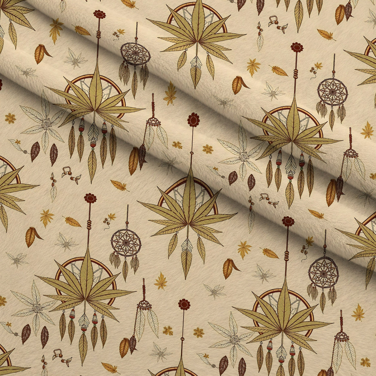 Hemp Dreamcatcher Pattern 8 Fleece Fabric — fleece fabric folded close-up preview (mv-fleece-v1:lying)