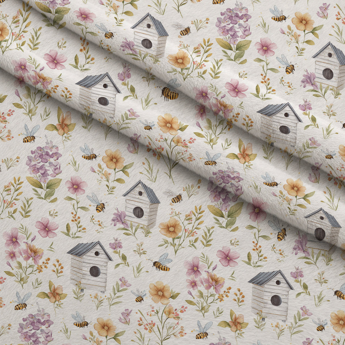 Honey Hive Garden Pattern 1 Fleece Fabric — fleece fabric folded close-up preview (mv-fleece-v1:lying)