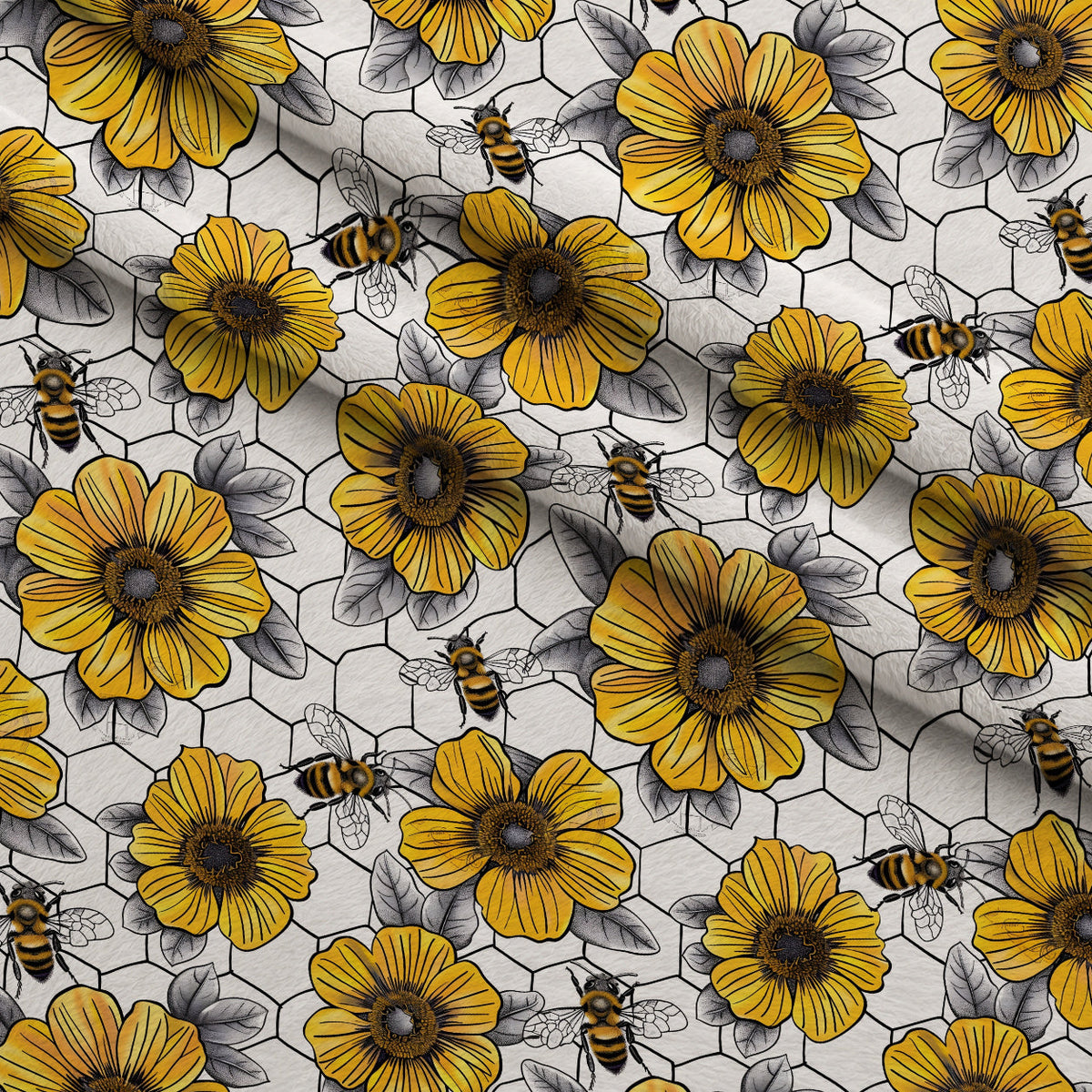 Honeycomb Blooms Pattern 1 Fleece Fabric — fleece fabric folded close-up preview (mv-fleece-v1:lying)