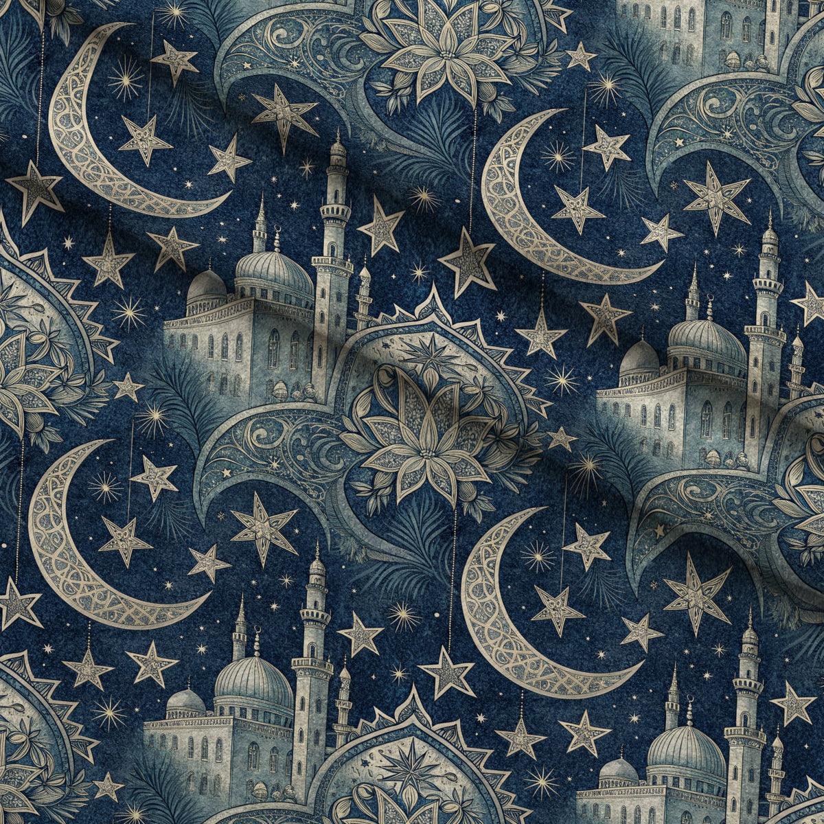 Islamic Dark Blue Pattern 2 Fleece Fabric — fleece fabric folded close-up preview (mv-fleece-v1:lying)