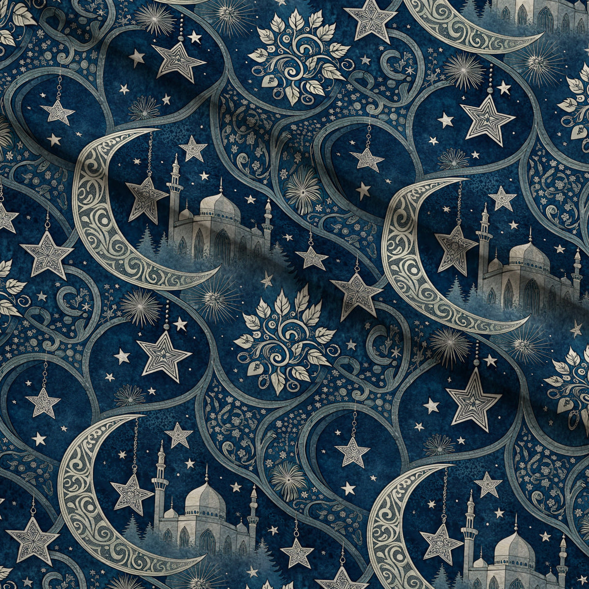 Islamic Dark Blue Pattern 9 Fleece Fabric — fleece fabric folded close-up preview (mv-fleece-v1:lying)