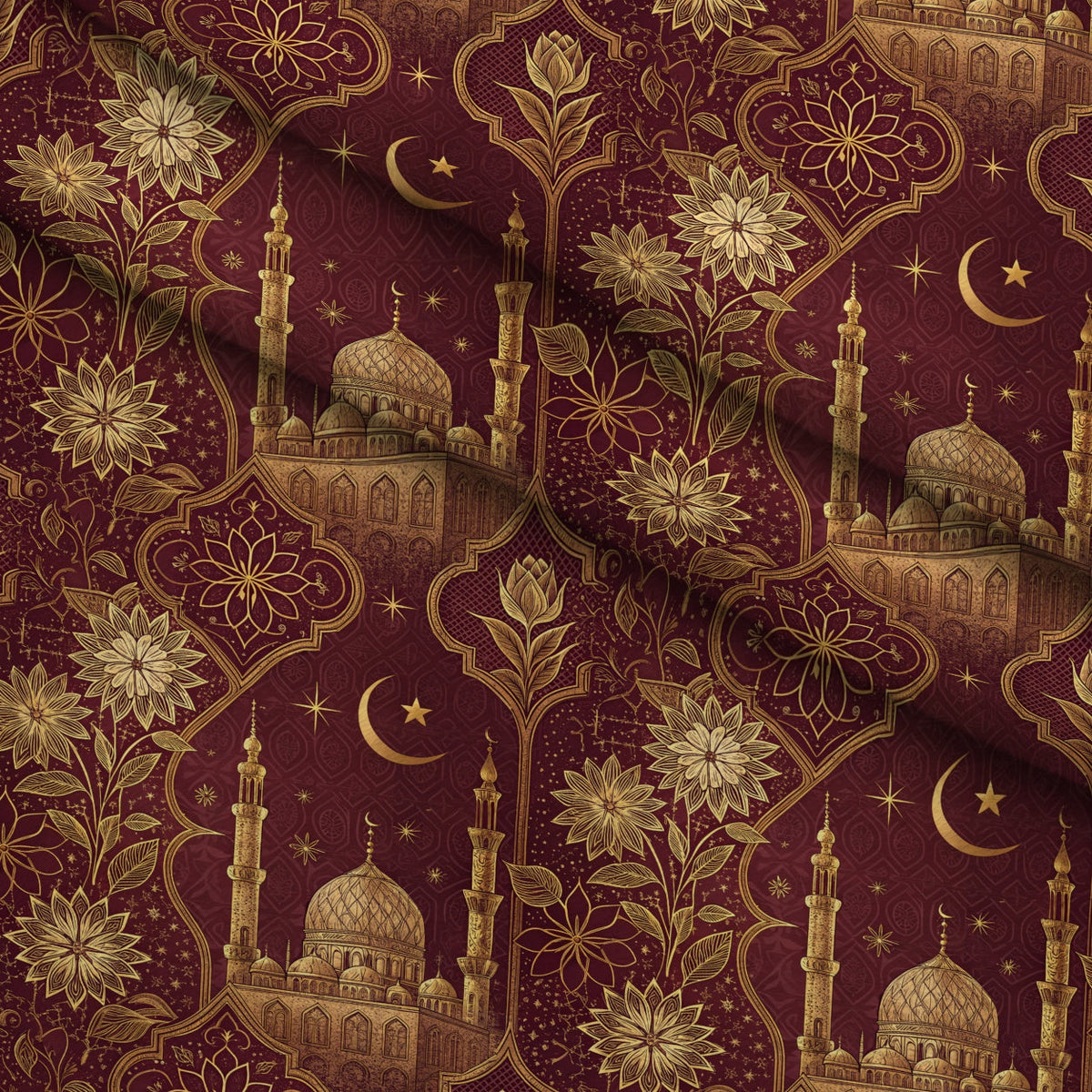 Islamic Red Pattern 1 Fleece Fabric — fleece fabric folded close-up preview (mv-fleece-v1:lying)