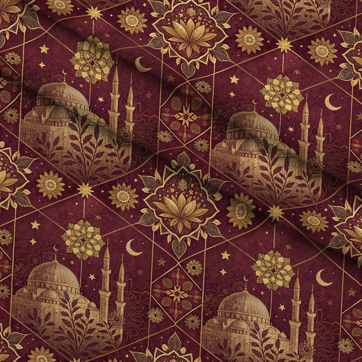 Islamic Red Pattern 5 Fleece Fabric — fleece fabric folded close-up preview (mv-fleece-v1:lying)