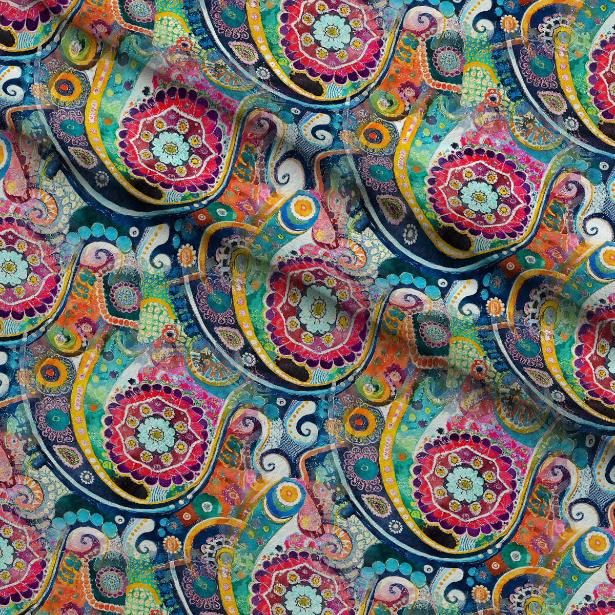 Jeweled Batik Paisley Pattern 6 Fleece Fabric — fleece fabric folded close-up preview (mv-fleece-v1:lying)