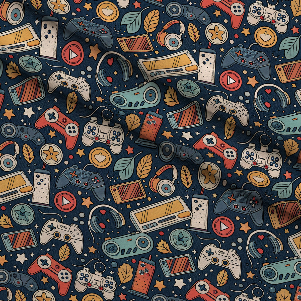 Joystick Doodles Pattern 1 Fleece Fabric — fleece fabric folded close-up preview (mv-fleece-v1:lying)