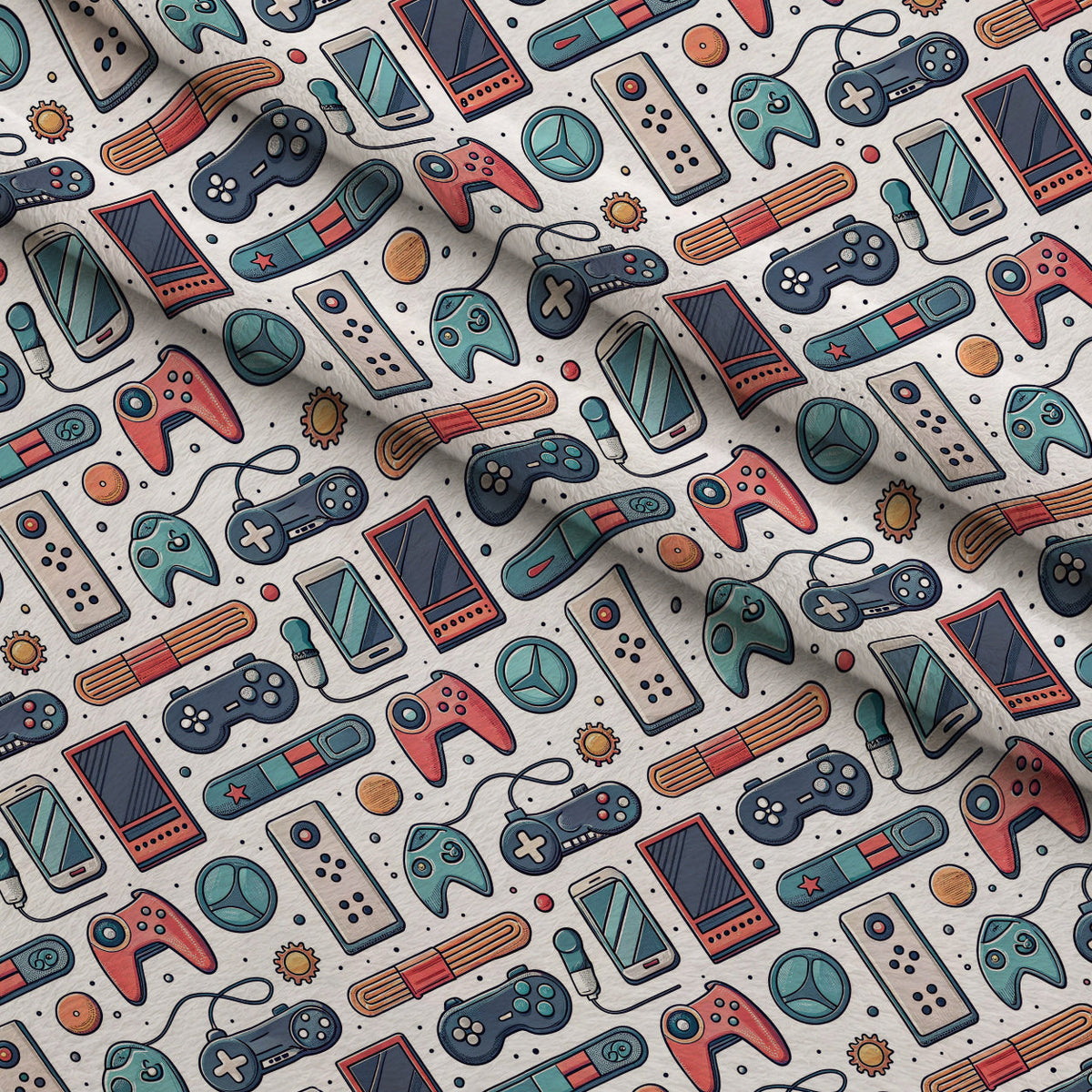 Joystick Doodles Pattern 10 Fleece Fabric — fleece fabric folded close-up preview (mv-fleece-v1:lying)