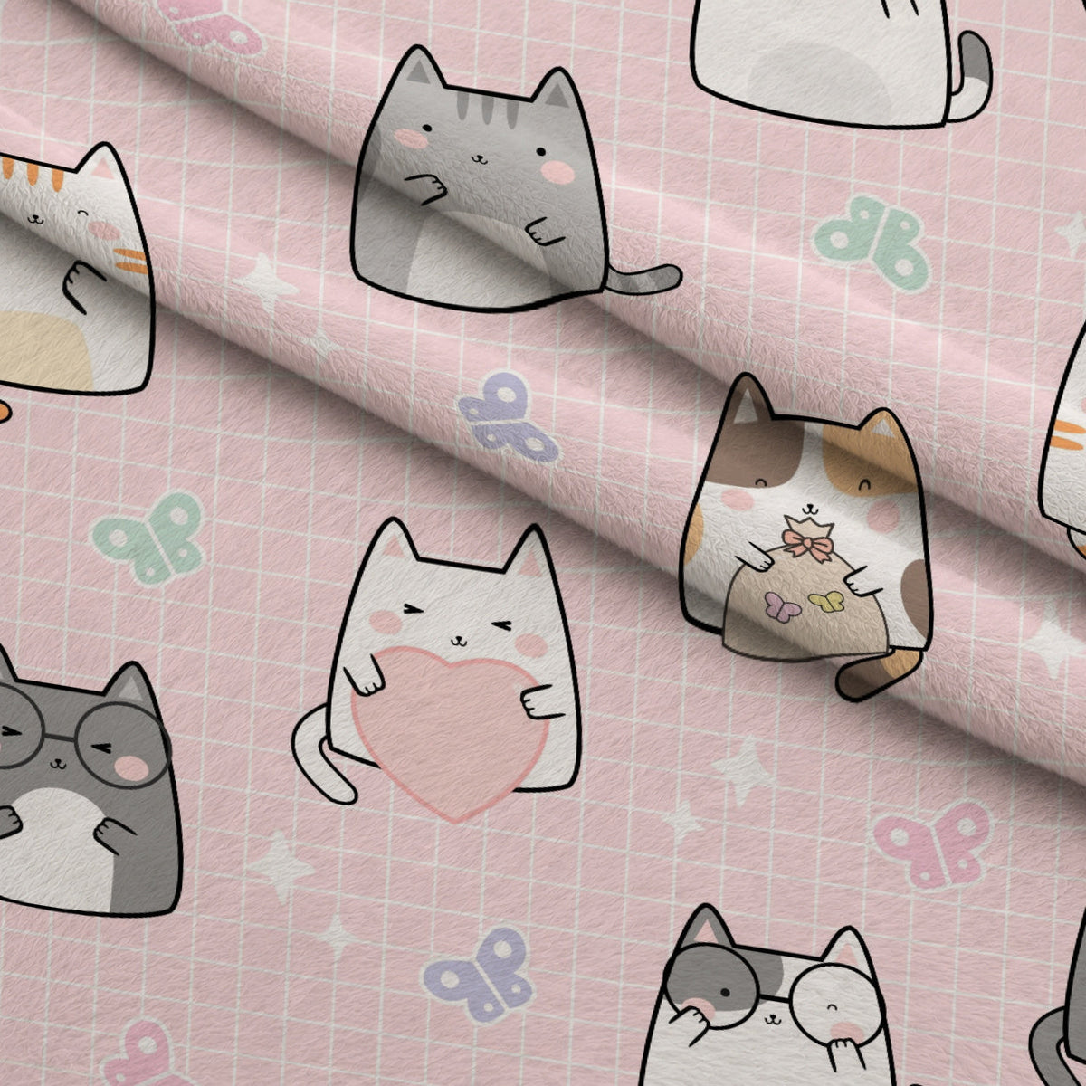 Kawaii Kitty Garden Pattern 1 Fleece Fabric — fleece fabric folded close-up preview (mv-fleece-v1:lying)