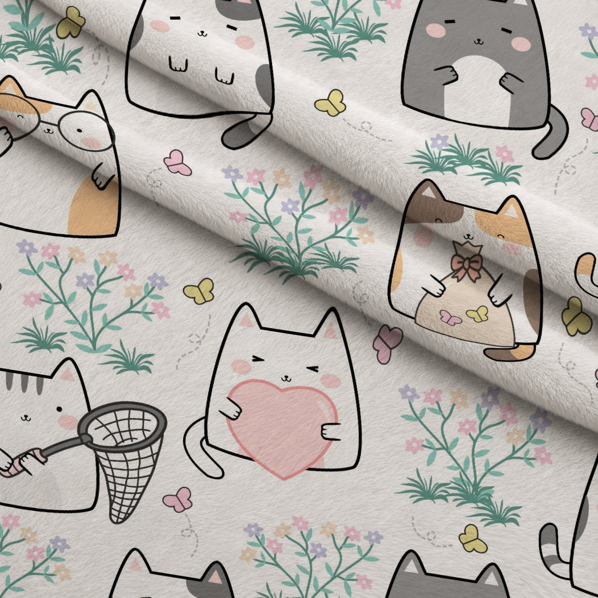 Kawaii Kitty Garden Pattern 14 Fleece Fabric — fleece fabric folded close-up preview (mv-fleece-v1:lying)