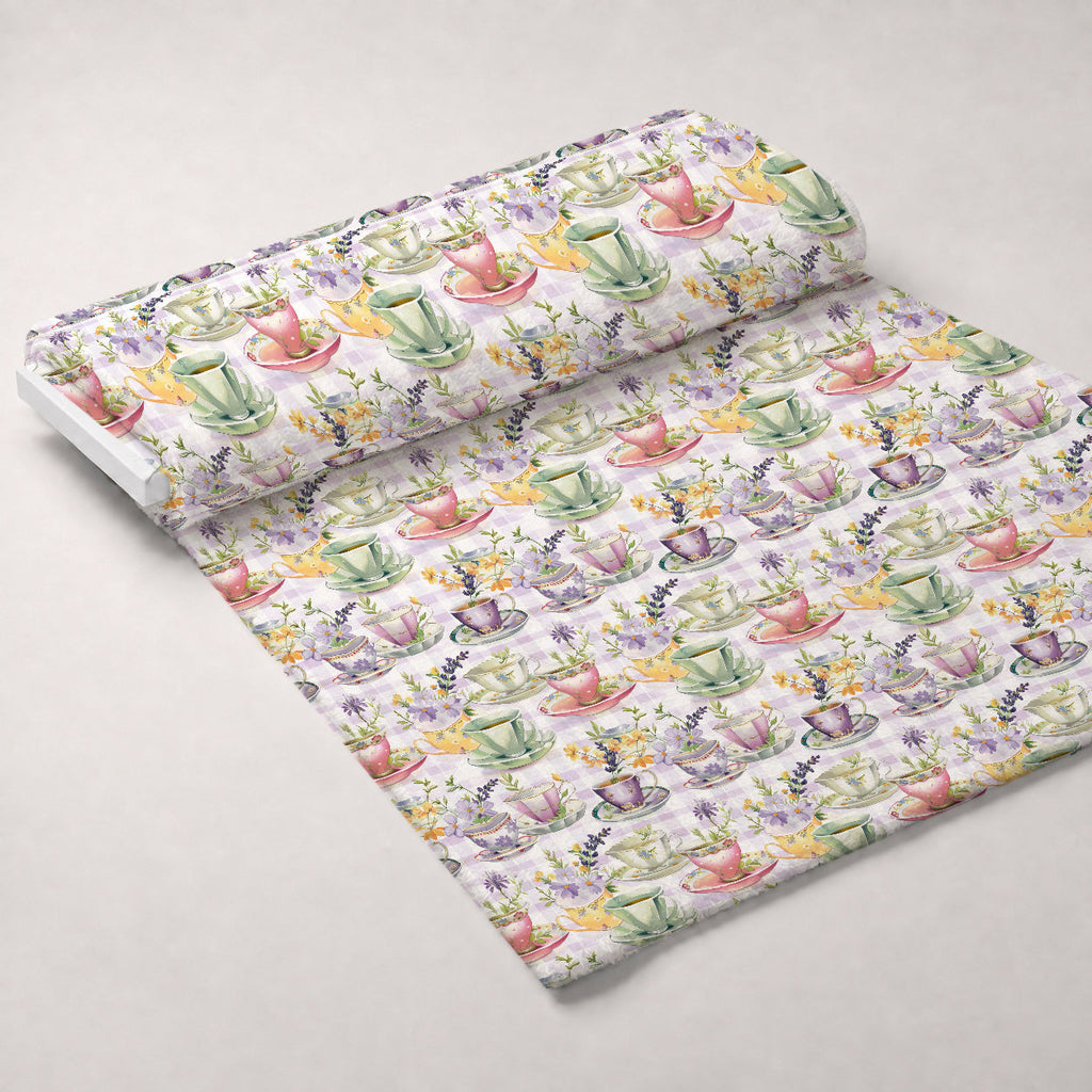 Lavender Teacups Pattern 1 Fleece Fabric — fleece fabric unrolled bolt preview (mv-fleece-v1:bolt)