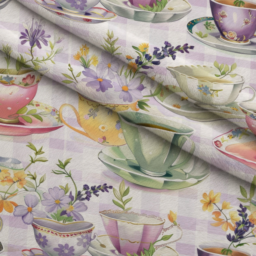 Lavender Teacups Pattern 1 Fleece Fabric — fleece fabric folded close-up preview (mv-fleece-v1:lying)