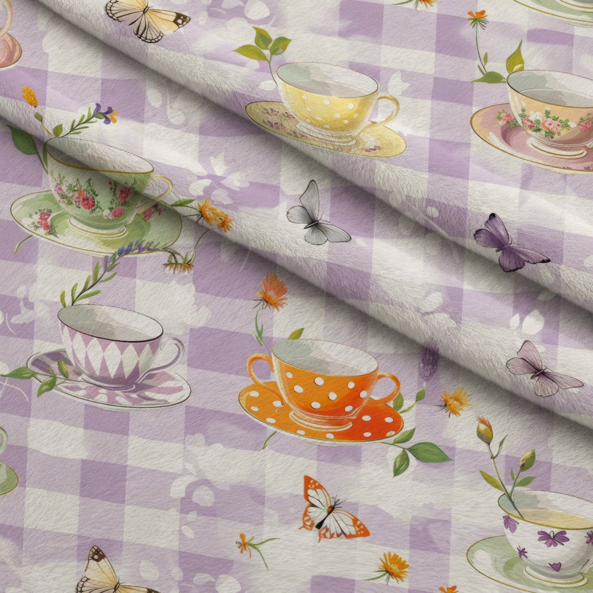 Lavender Teacups Pattern 12 Fleece Fabric — fleece fabric folded close-up preview (mv-fleece-v1:lying)