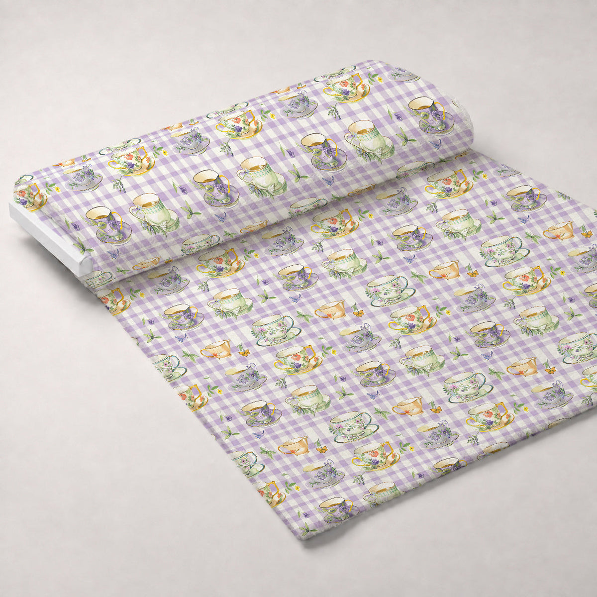 Lavender Teacups Pattern 2 Fleece Fabric — fleece fabric unrolled bolt preview (mv-fleece-v1:bolt)