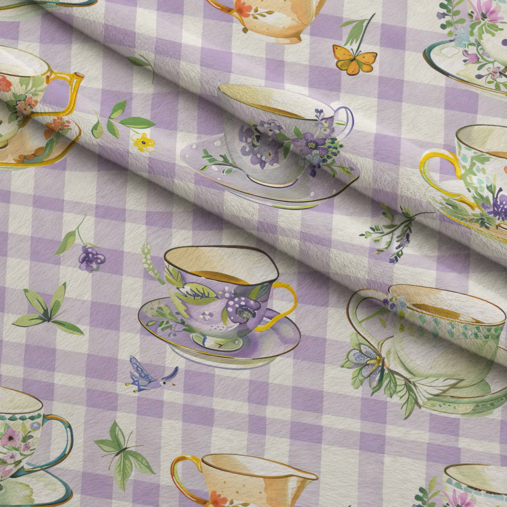 Lavender Teacups Pattern 2 Fleece Fabric — fleece fabric folded close-up preview (mv-fleece-v1:lying)