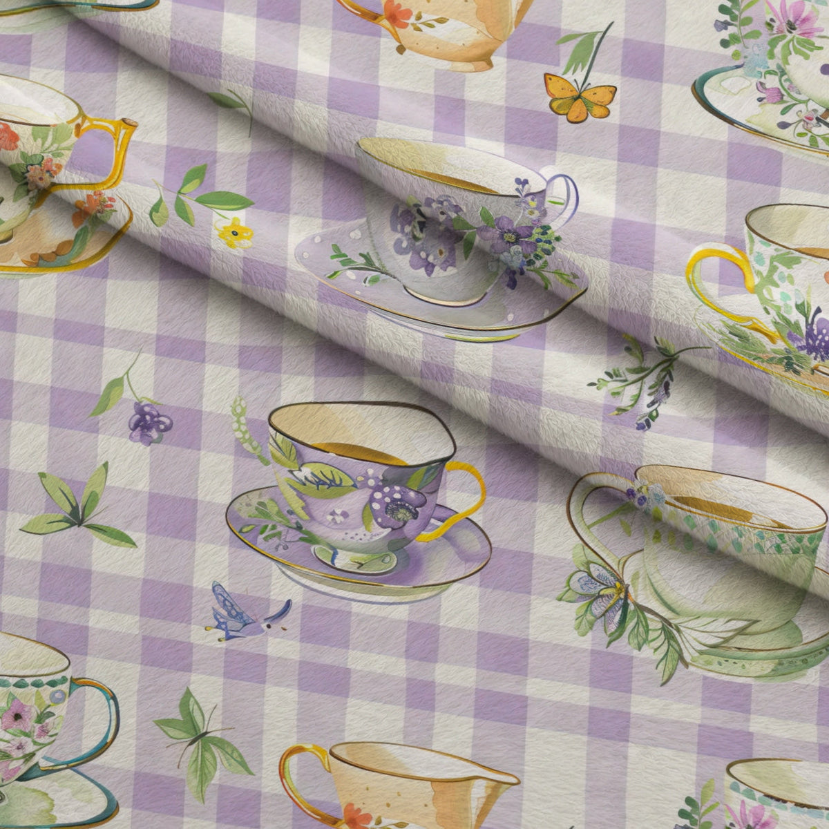 Lavender Teacups Pattern 2 Fleece Fabric — fleece fabric folded close-up preview (mv-fleece-v1:lying)