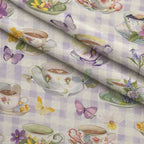 Lavender Teacups Pattern 3 Fleece Fabric — fleece fabric folded close-up preview (mv-fleece-v1:lying)