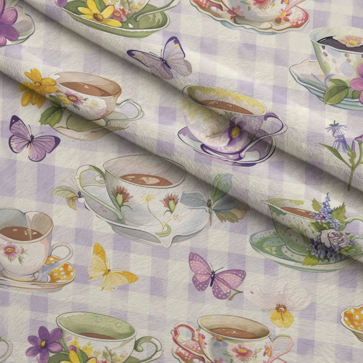 Lavender Teacups Pattern 3 Fleece Fabric — fleece fabric folded close-up preview (mv-fleece-v1:lying)