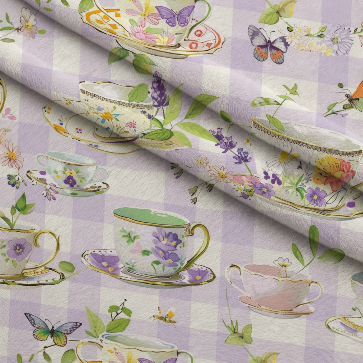 Lavender Teacups Pattern 4 Fleece Fabric — fleece fabric folded close-up preview (mv-fleece-v1:lying)