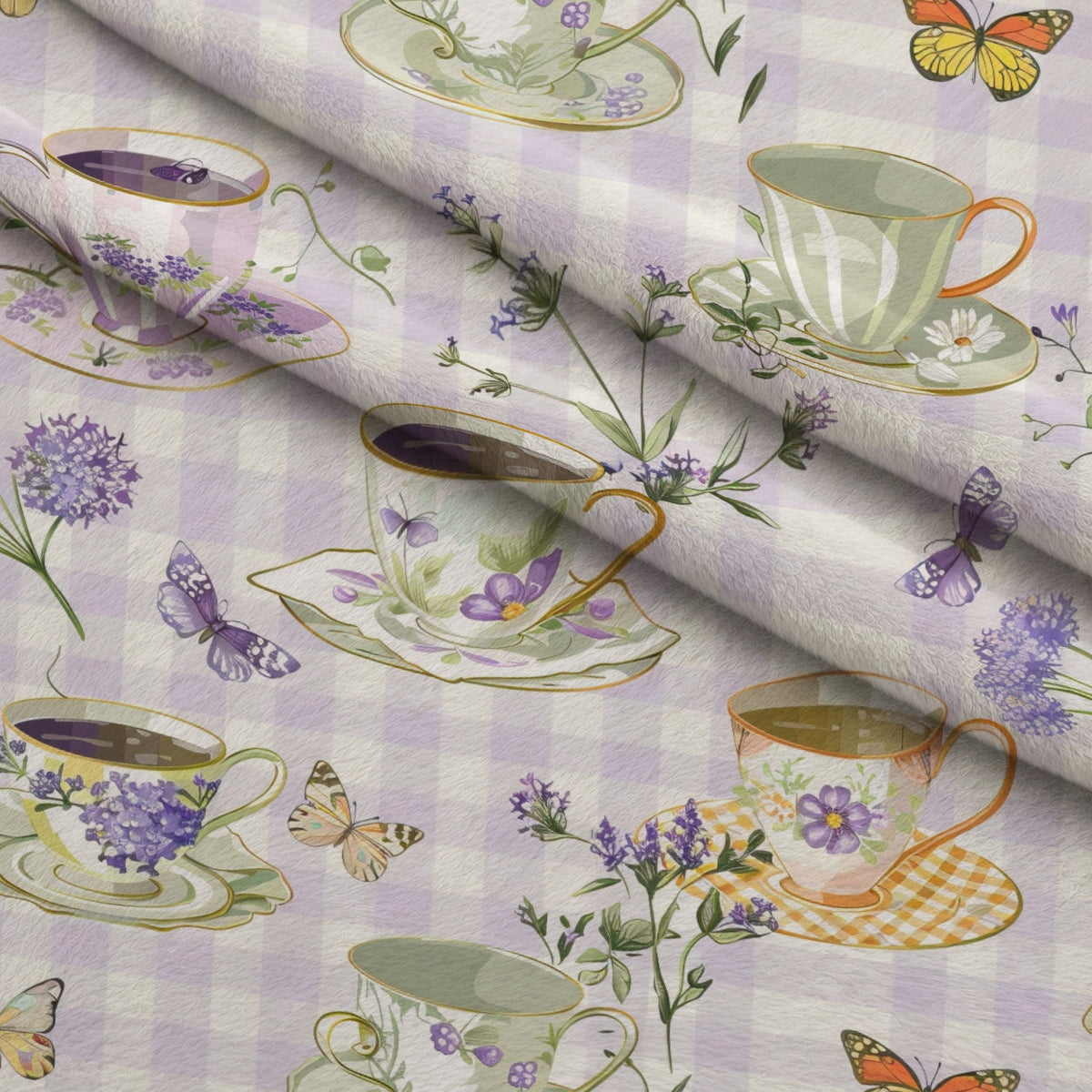 Lavender Teacups Pattern 6 Fleece Fabric — fleece fabric folded close-up preview (mv-fleece-v1:lying)