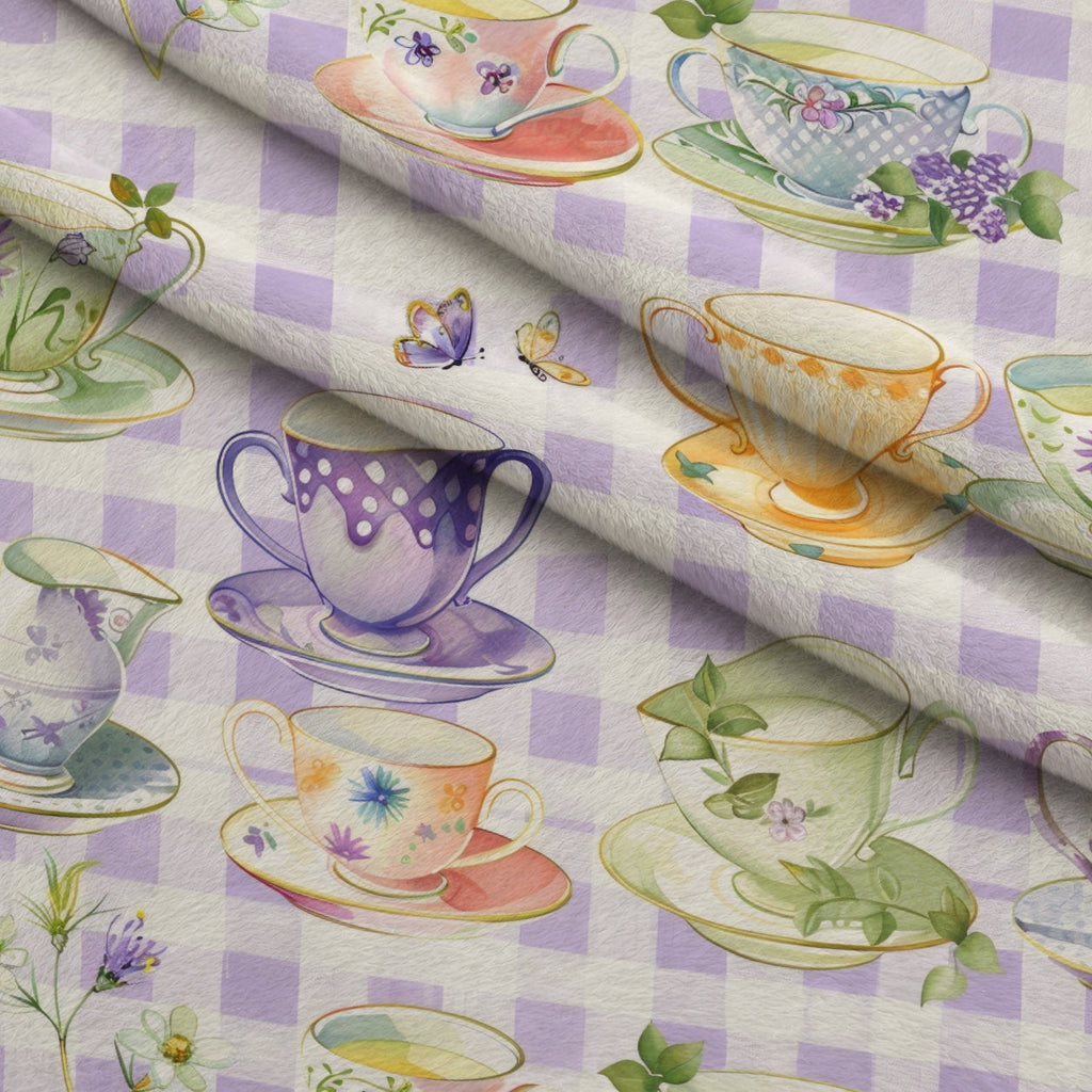 Lavender Teacups Pattern 8 Fleece Fabric — fleece fabric folded close-up preview (mv-fleece-v1:lying)