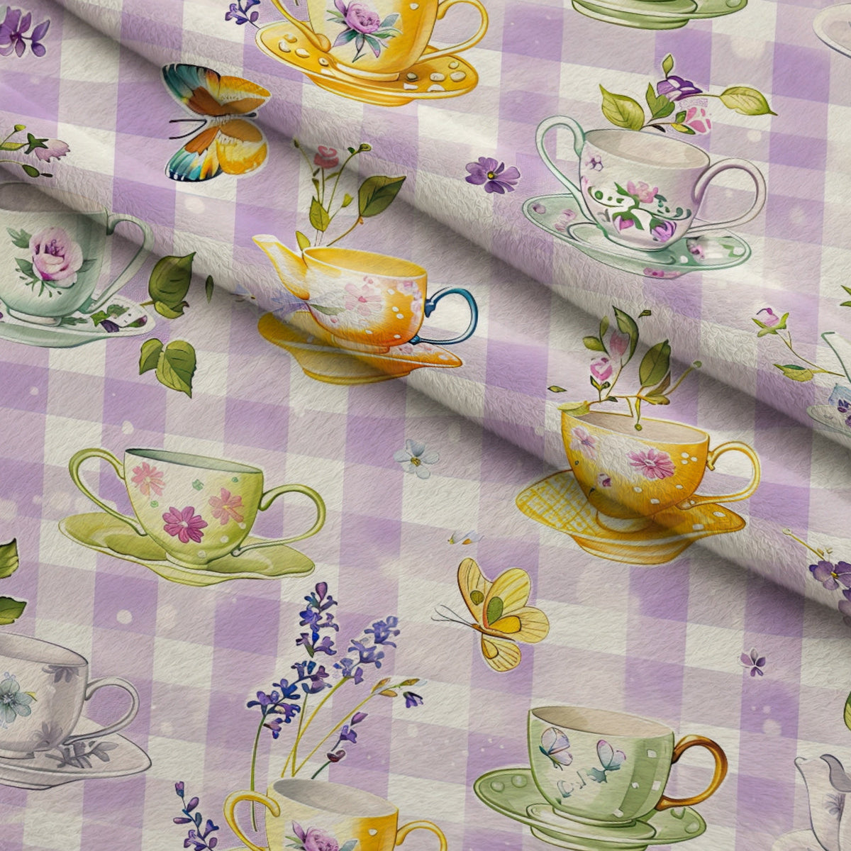 Lavender Teacups Pattern 9 Fleece Fabric — fleece fabric folded close-up preview (mv-fleece-v1:lying)