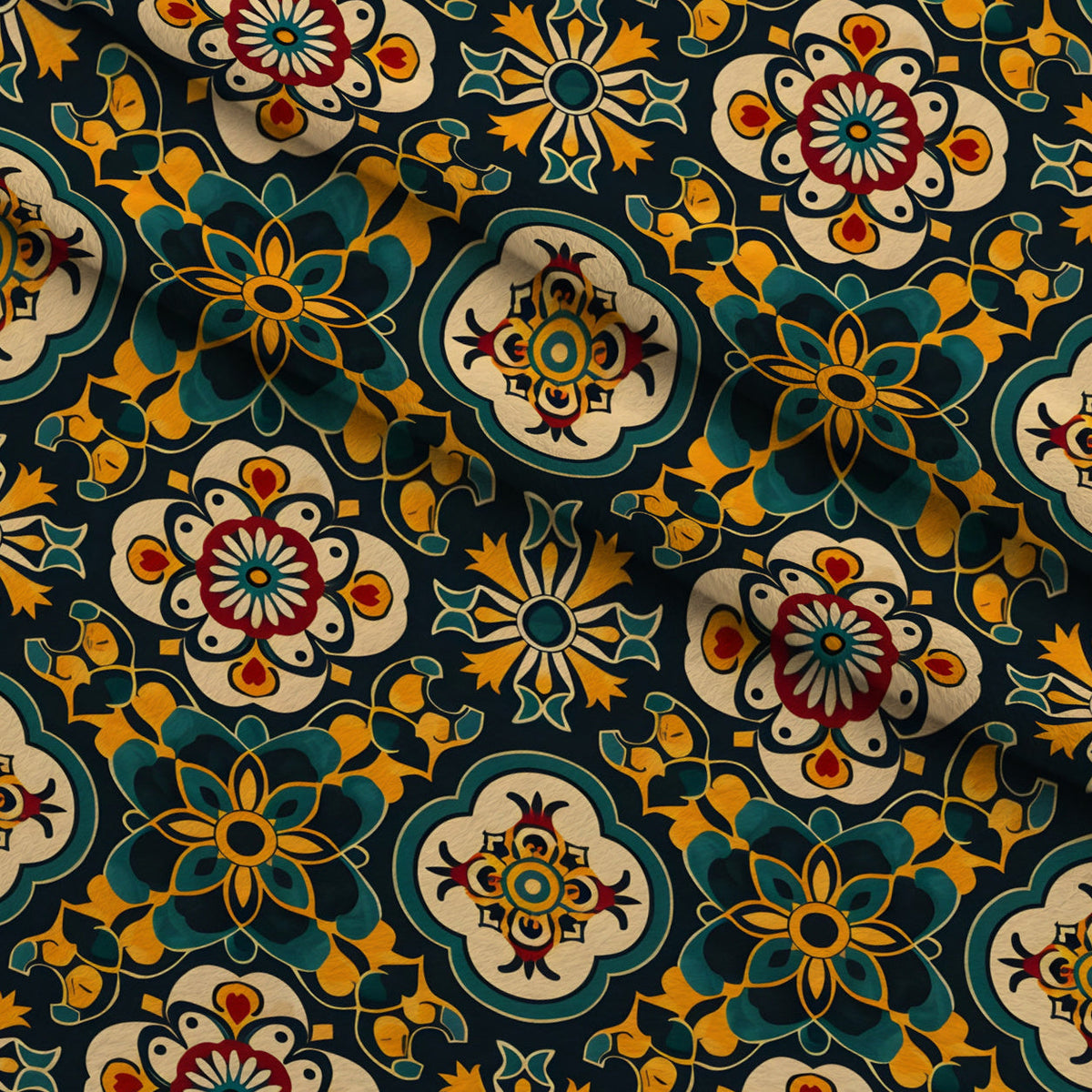 Marigold Mosaic Pattern 15 Fleece Fabric — fleece fabric folded close-up preview (mv-fleece-v1:lying)