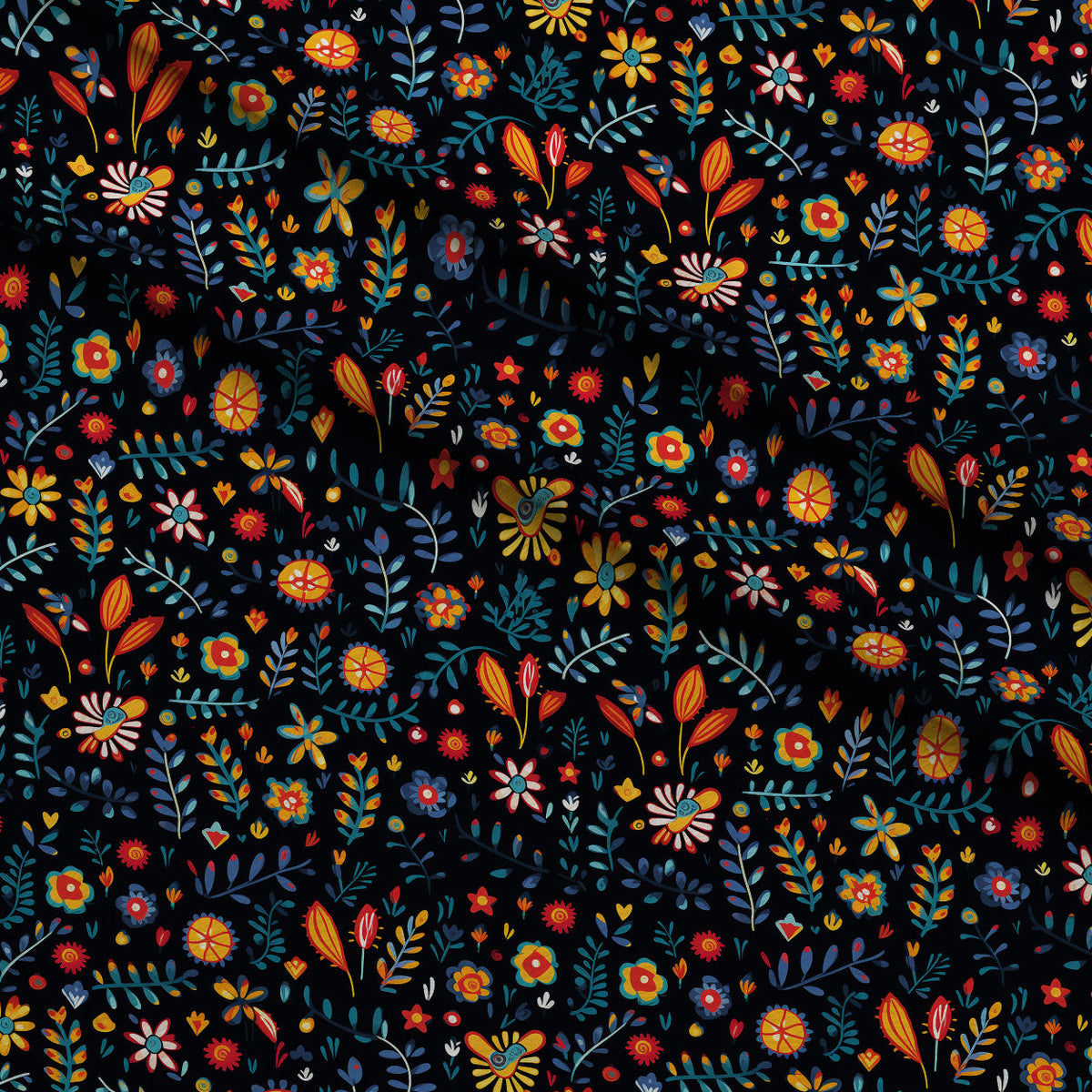 Midnight Otomi Garden Pattern 8 Fleece Fabric — fleece fabric folded close-up preview (mv-fleece-v1:lying)