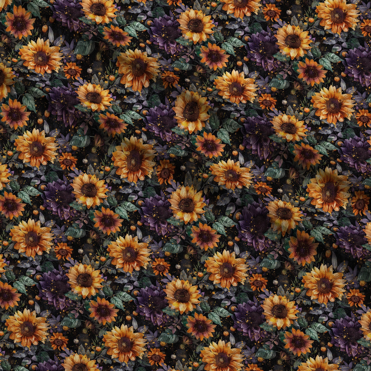 Midnight Sunflowers Pattern 11 Fleece Fabric — fleece fabric folded close-up preview (mv-fleece-v1:lying)