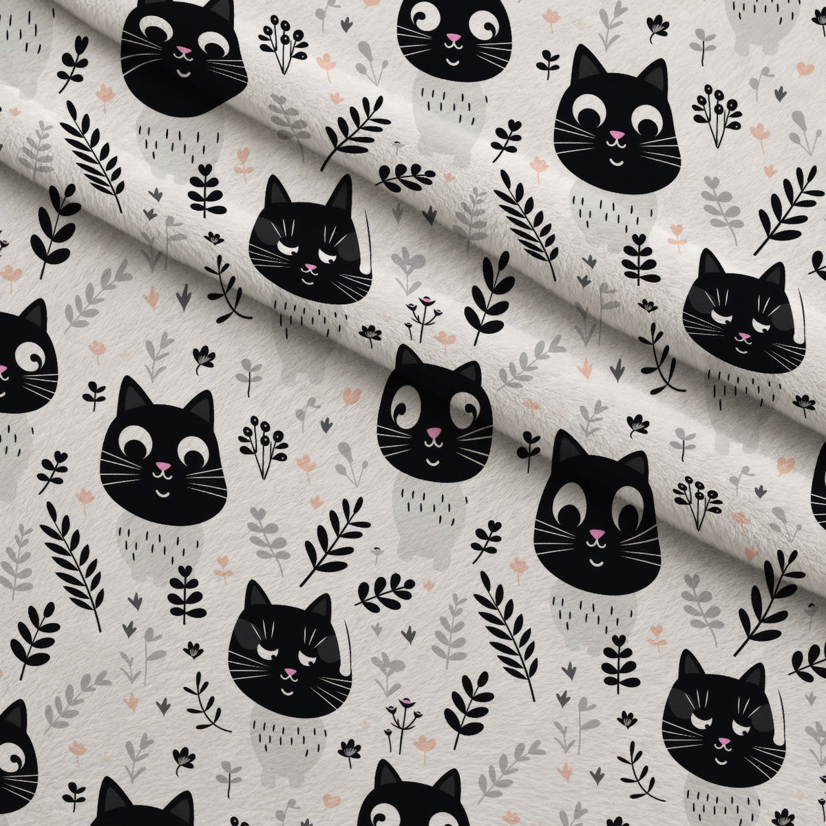 Monochrome Meows Pattern 1 Fleece Fabric — fleece fabric folded close-up preview (mv-fleece-v1:lying)