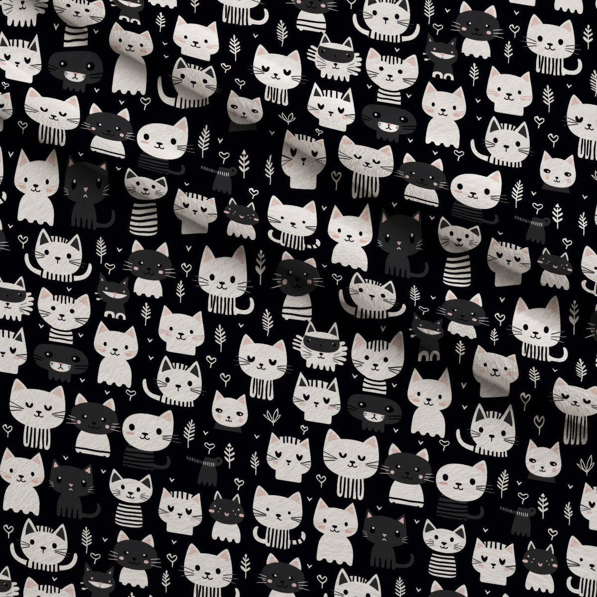 Monochrome Meows Pattern 13 Fleece Fabric — fleece fabric folded close-up preview (mv-fleece-v1:lying)