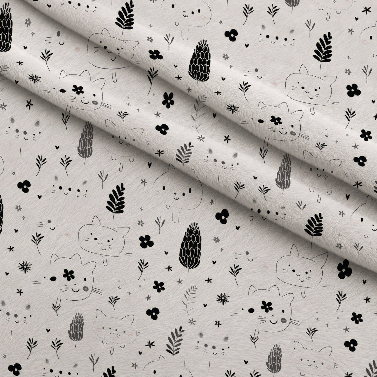 Monochrome Meows Pattern 14 Fleece Fabric — fleece fabric folded close-up preview (mv-fleece-v1:lying)
