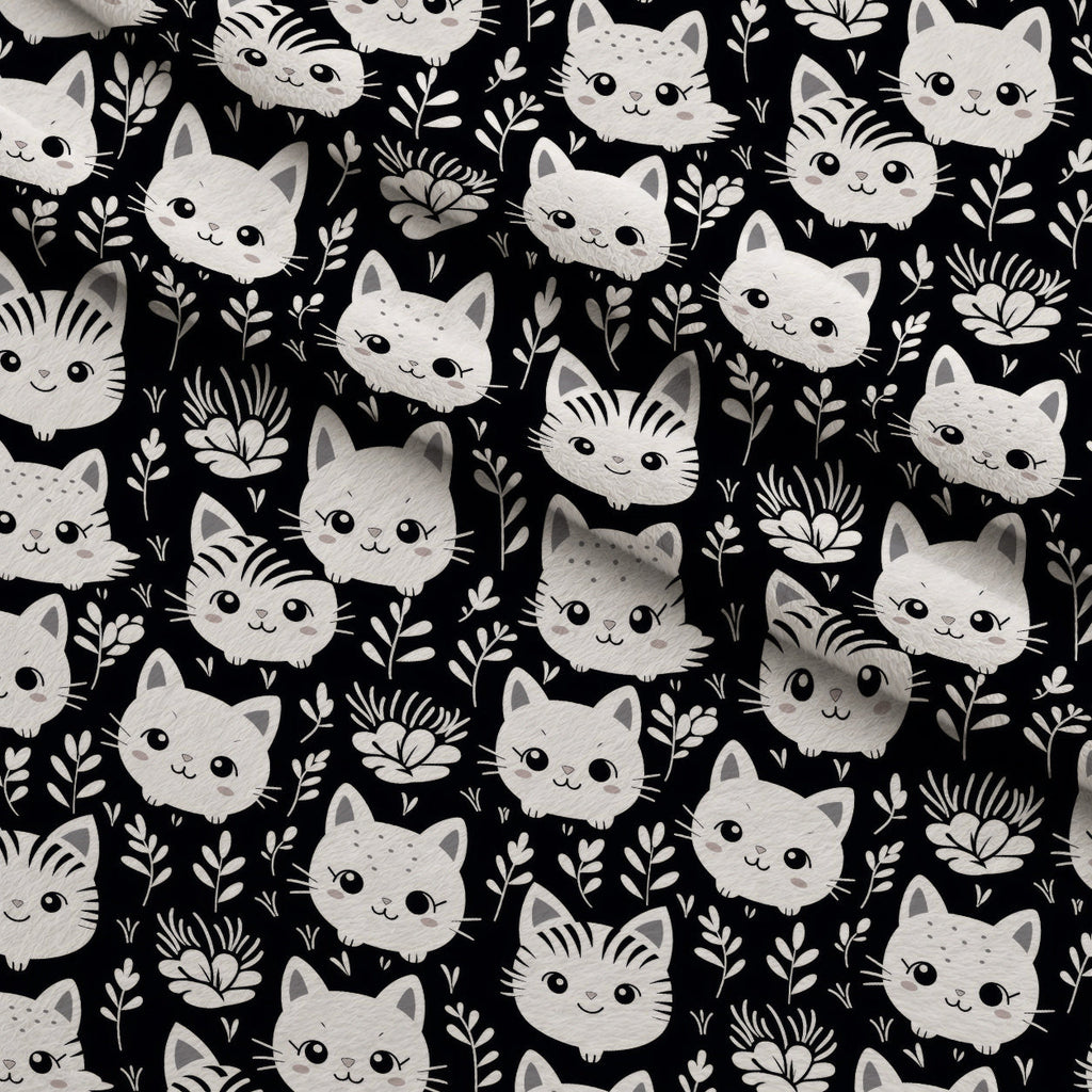 Monochrome Meows Pattern 15 Fleece Fabric — fleece fabric folded close-up preview (mv-fleece-v1:lying)
