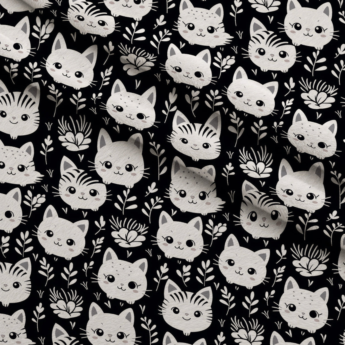 Monochrome Meows Pattern 15 Fleece Fabric — fleece fabric folded close-up preview (mv-fleece-v1:lying)