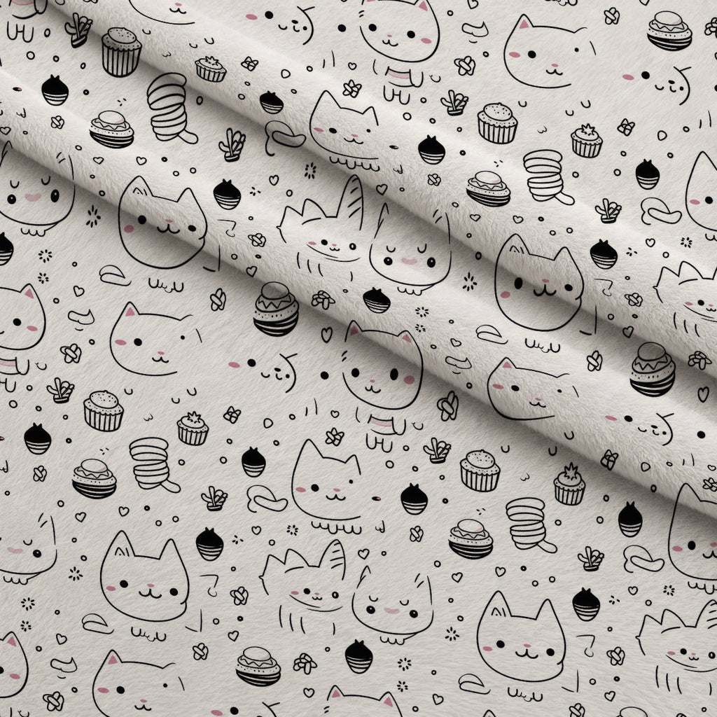 Monochrome Meows Pattern 16 Fleece Fabric — fleece fabric folded close-up preview (mv-fleece-v1:lying)