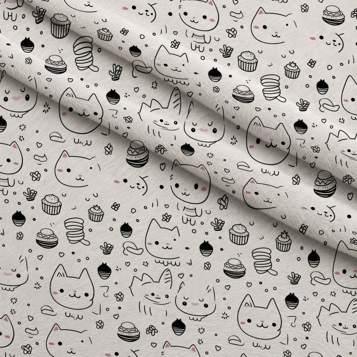 Monochrome Meows Pattern 16 Fleece Fabric — fleece fabric folded close-up preview (mv-fleece-v1:lying)