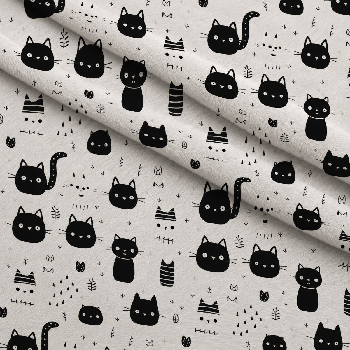 Monochrome Meows Pattern 18 Fleece Fabric — fleece fabric folded close-up preview (mv-fleece-v1:lying)