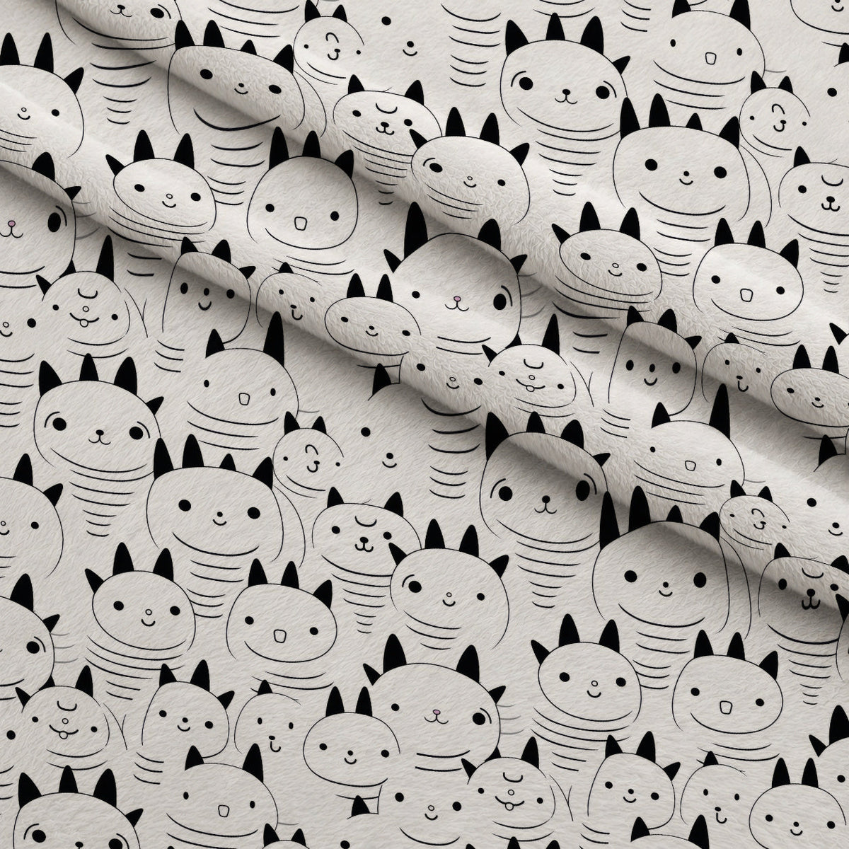 Monochrome Meows Pattern 2 Fleece Fabric — fleece fabric folded close-up preview (mv-fleece-v1:lying)