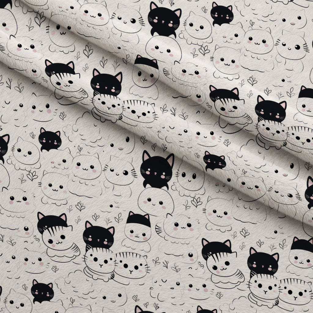 Monochrome Meows Pattern 6 Fleece Fabric — fleece fabric folded close-up preview (mv-fleece-v1:lying)