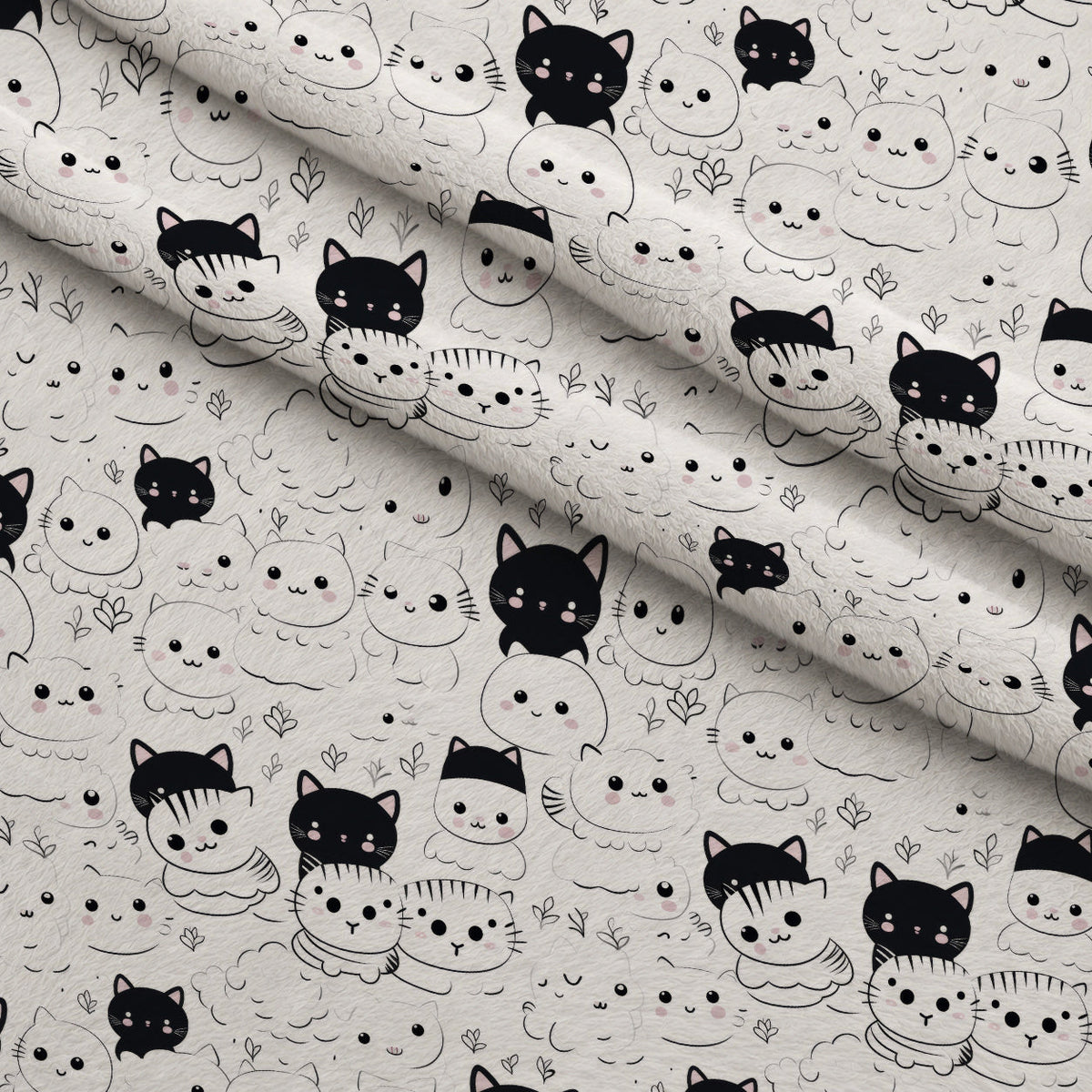 Monochrome Meows Pattern 6 Fleece Fabric — fleece fabric folded close-up preview (mv-fleece-v1:lying)