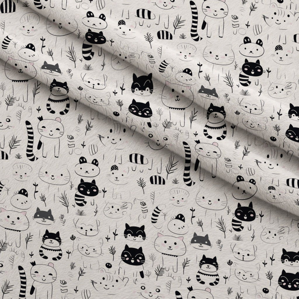 Monochrome Meows Pattern 7 Fleece Fabric — fleece fabric folded close-up preview (mv-fleece-v1:lying)
