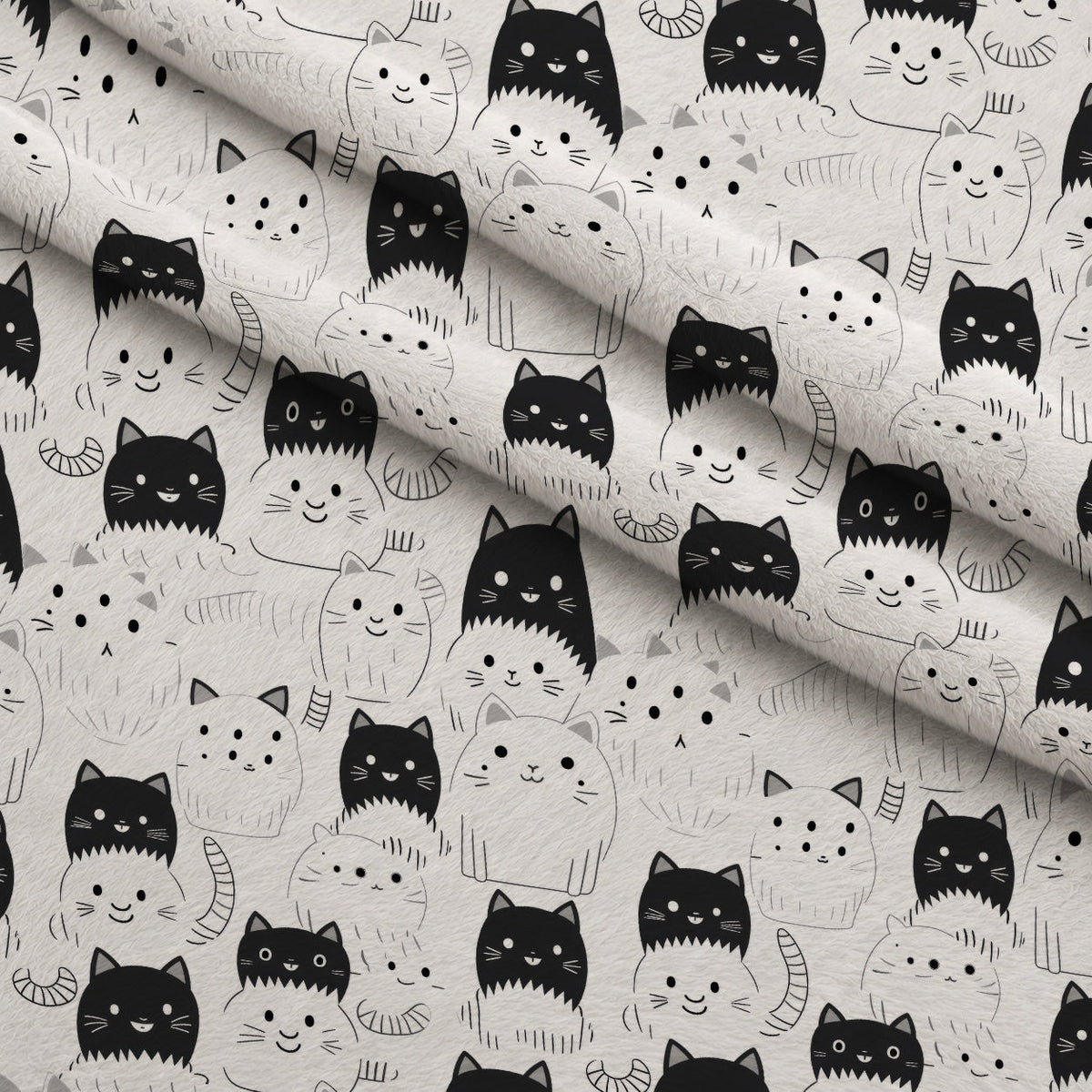 Monochrome Meows Pattern 9 Fleece Fabric — fleece fabric folded close-up preview (mv-fleece-v1:lying)
