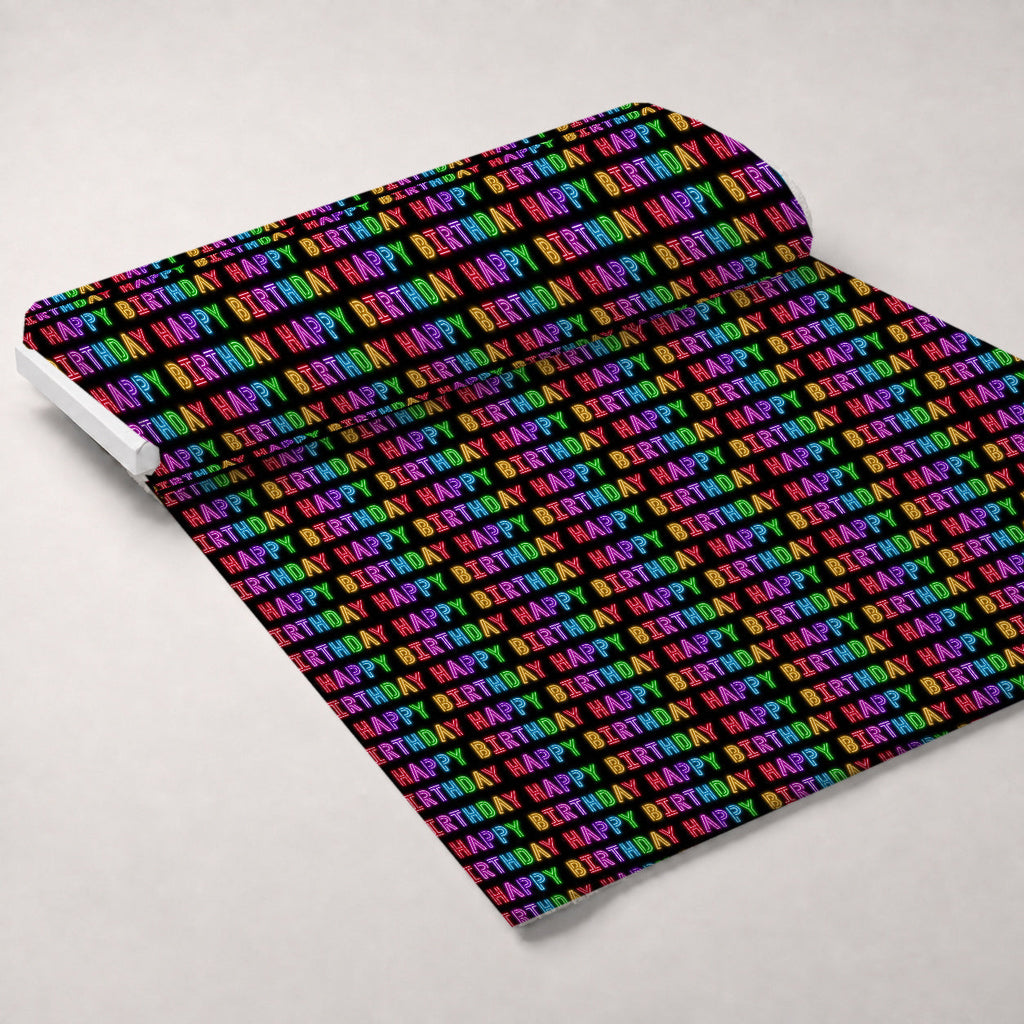 Neon Happy Birthday Fleece Fabric — fleece fabric unrolled bolt preview (mv-fleece-v1:bolt)
