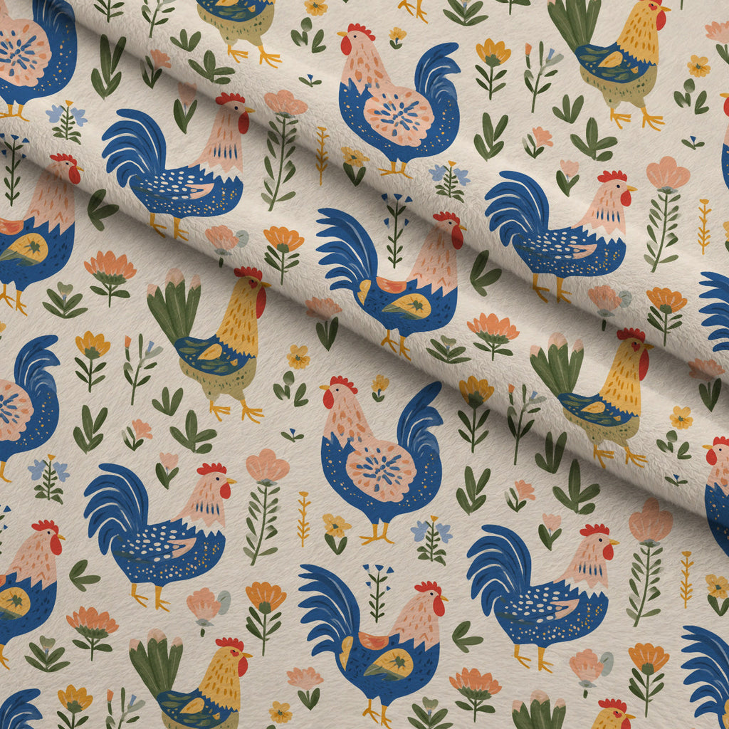 Painted Hen Garden Pattern 1 Fleece Fabric — fleece fabric folded close-up preview (mv-fleece-v1:lying)
