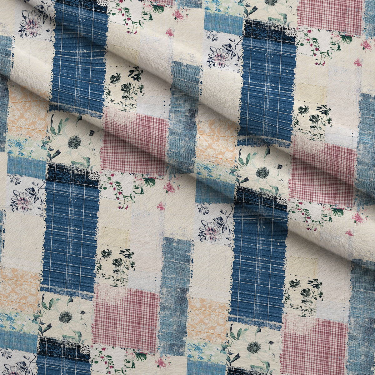 Patchwork Posies Pattern 1 Fleece Fabric — fleece fabric folded close-up preview (mv-fleece-v1:lying)