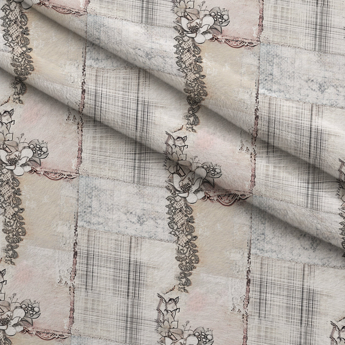 Patchwork Posies Pattern 11 Fleece Fabric — fleece fabric folded close-up preview (mv-fleece-v1:lying)