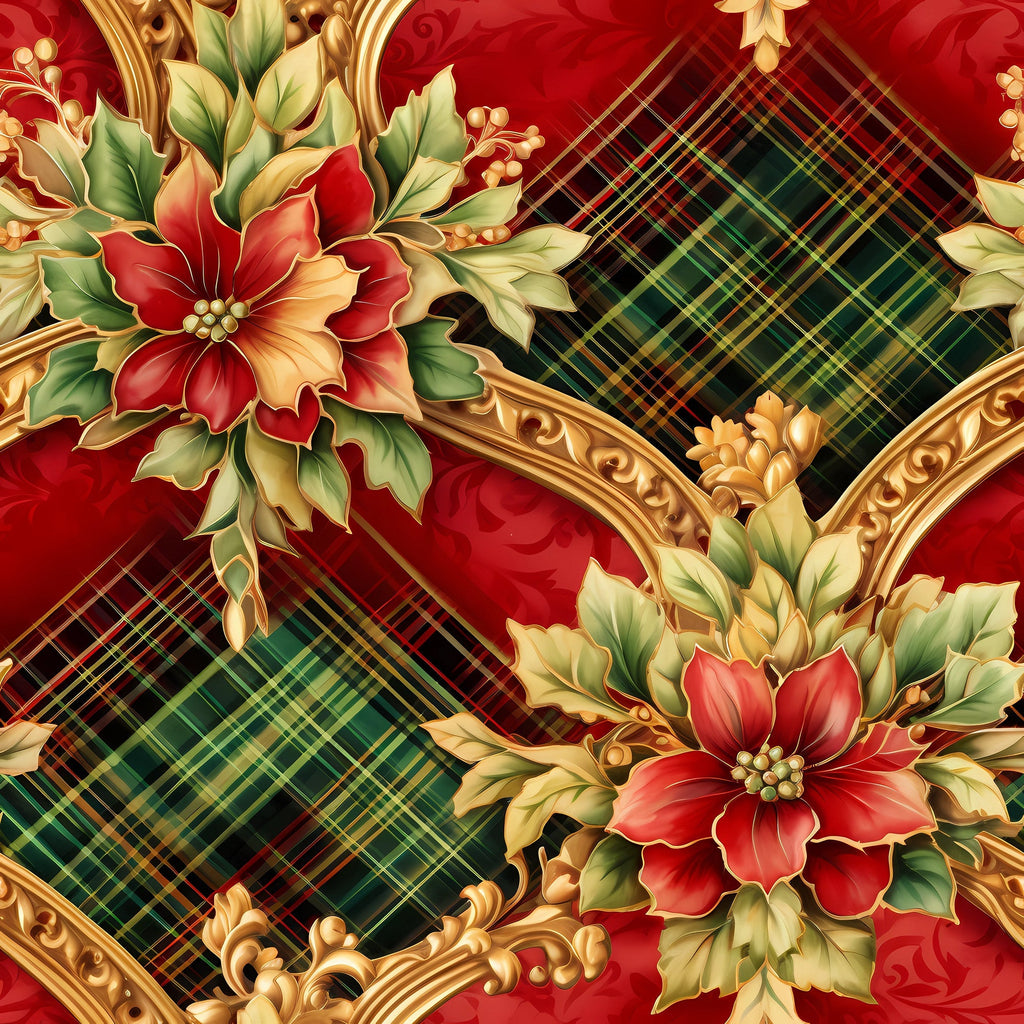 red, green, gold, christmas, floral, poinsettias, plaid, tartan, ornate scrollwork, baroque flourishes, holiday flowers,, fabric panel, festive, seasonal, decorative blooms, checkered pattern, rich colors, elegant design, winter florals
