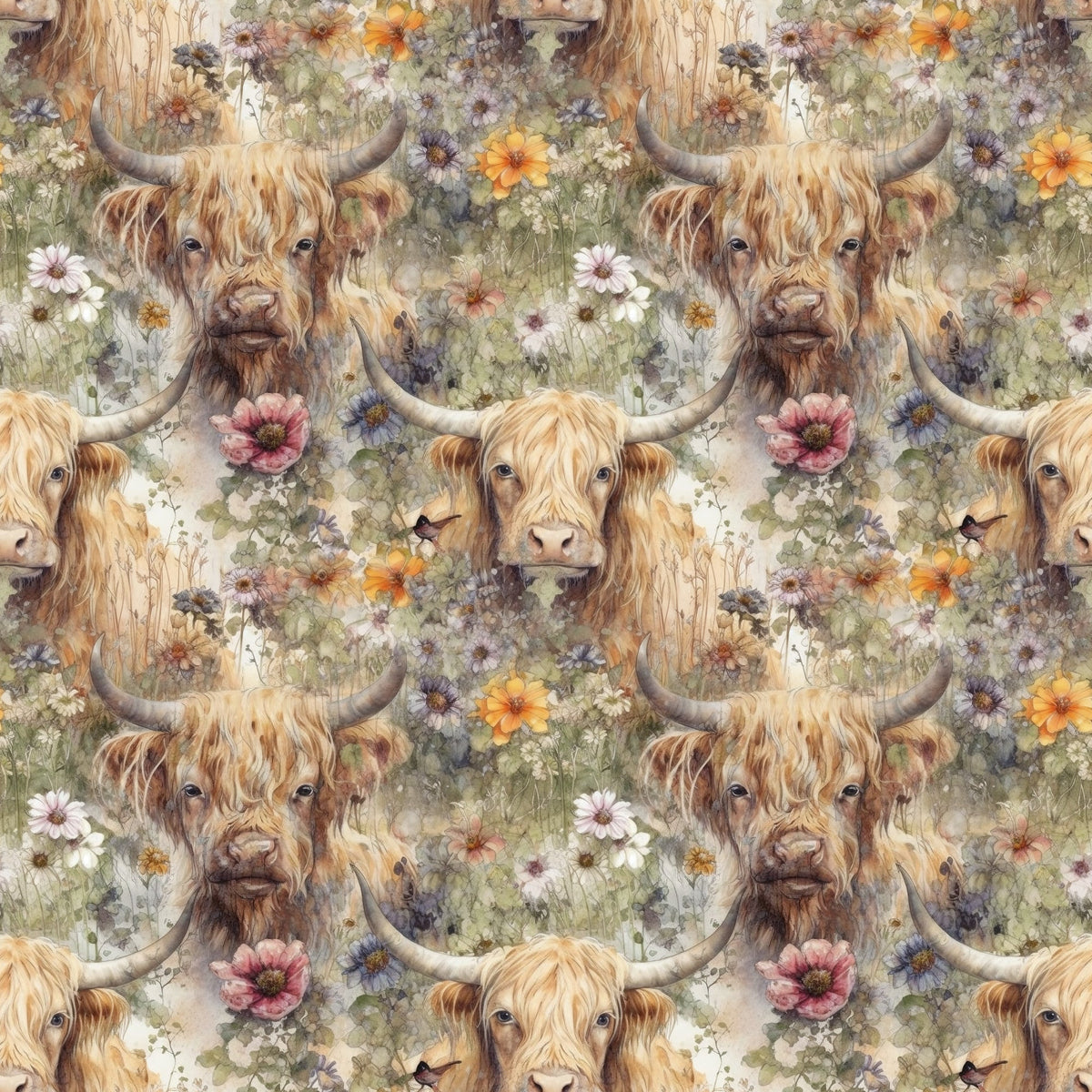 highland cows, floral pattern,, fabric panel, allover design, wildflowers, pastoral scene, watercolor style, earth tones, cream background, orange blooms, pink flowers, purple blossoms, rustic charm, farm animals, long horned cattle, shaggy fur, meadow flowers, country theme, repeating motif